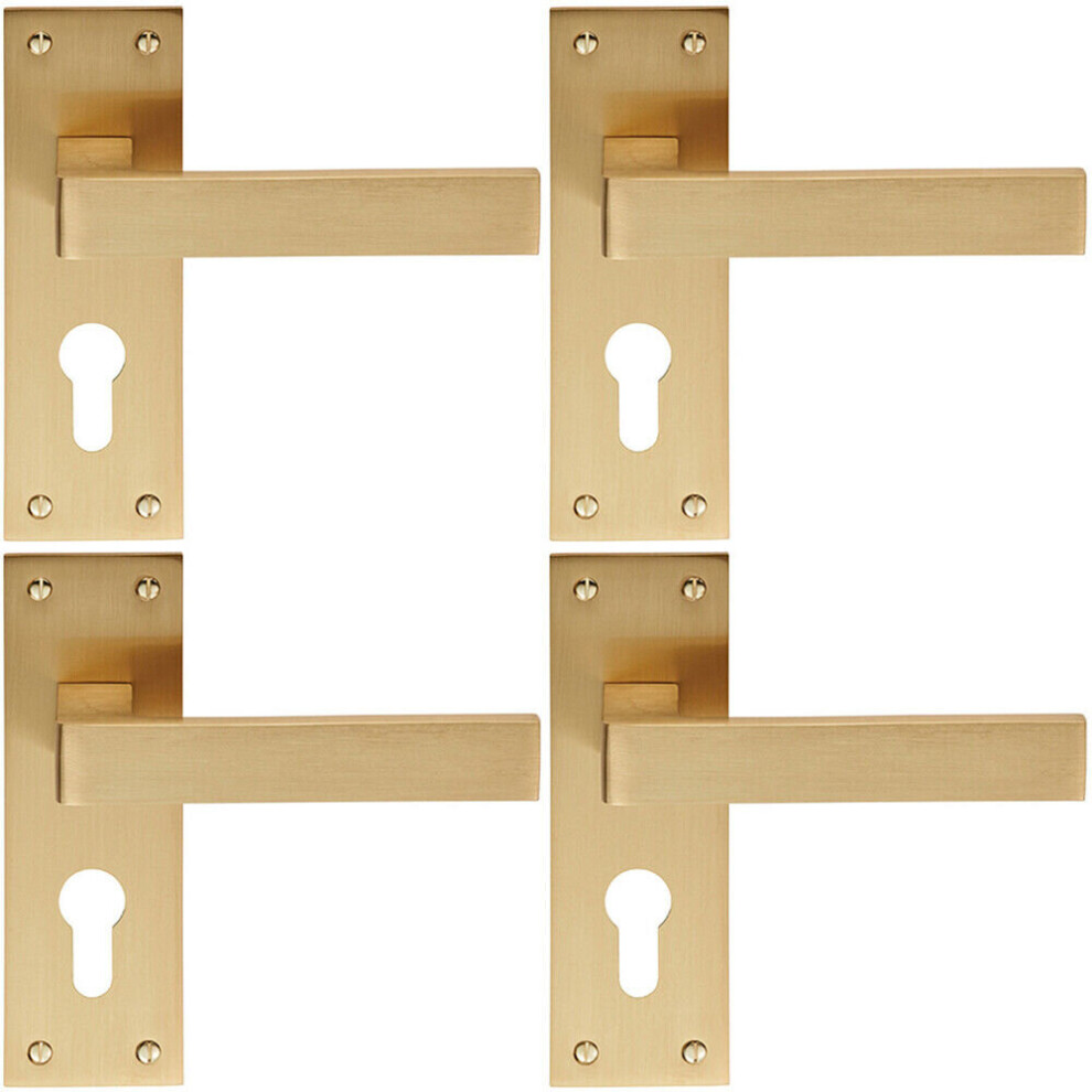 4X Pair Straight Square Handle On Euro Lock Backplate 150 X 50Mm Satin Brass 5056524212042