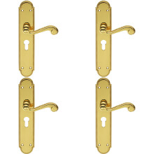 4x PAIR Beaded Pattern Handle on Euro Lock Backplate 249 x 50mm Polished Brass