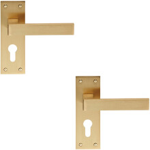 2x PAIR Straight Square Handle on Euro Lock Backplate 150 x 50mm Satin Brass