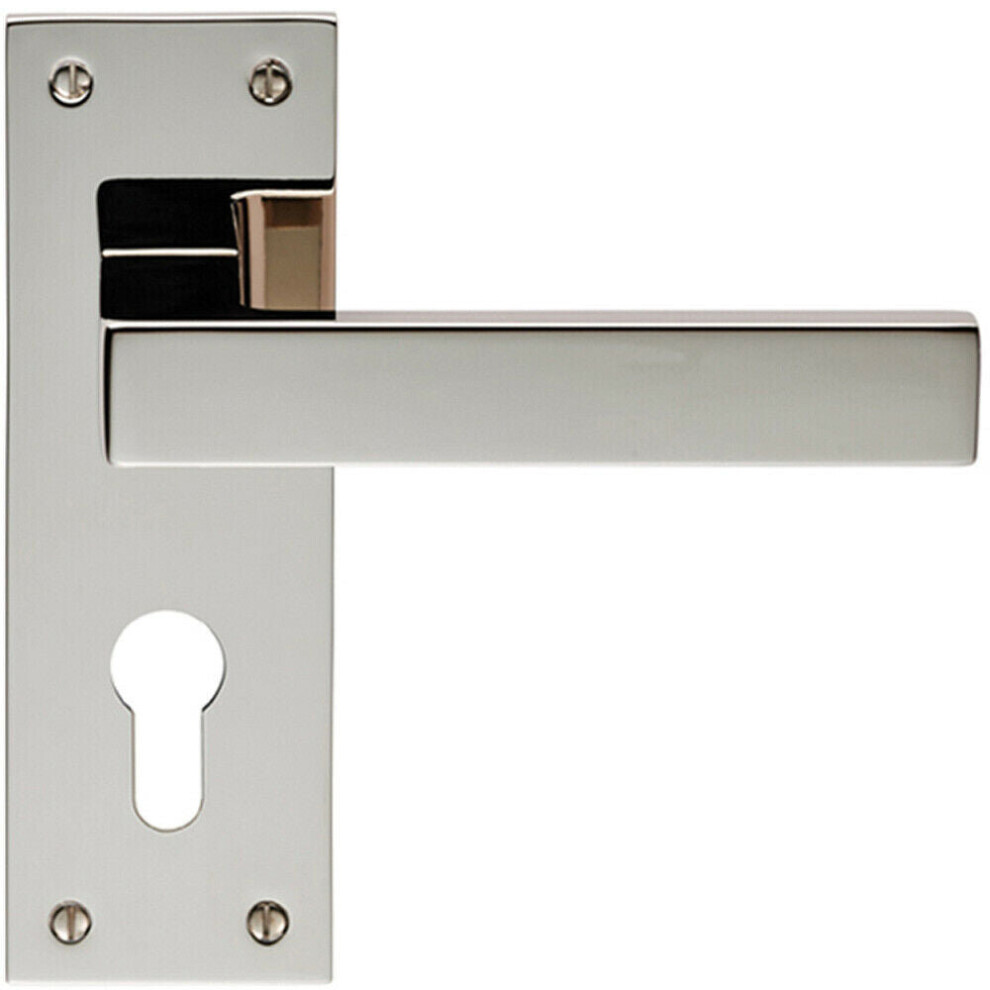 PAIR Straight Square Lever on Euro Lock Backplate 150 x 50mm Polished Nickel