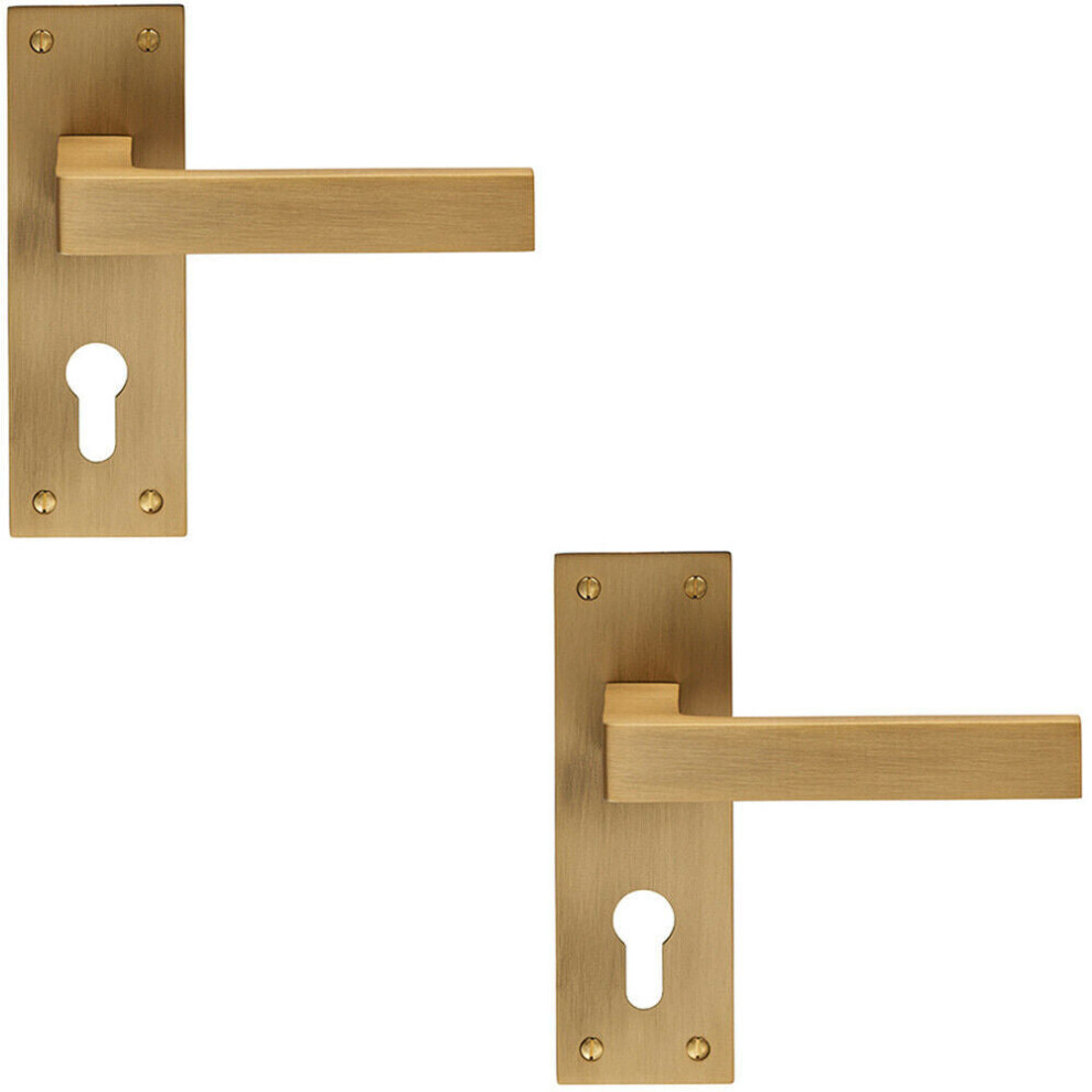 2X Pair Straight Square Handle On Euro Lock Backplate 150 X 50Mm Antique Brass 5056492599398