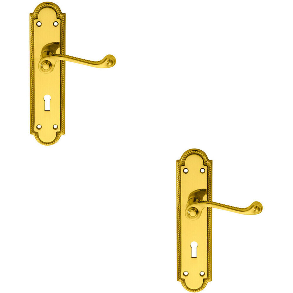Loops 2X Pair Reeded Scroll Handle On Shaped Lock Backplate 205 X 49Mm Polished Brass