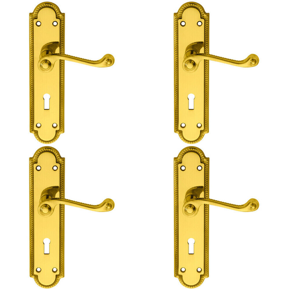 Loops 4X Pair Reeded Scroll Handle On Shaped Lock Backplate 205 X 49Mm Polished Brass