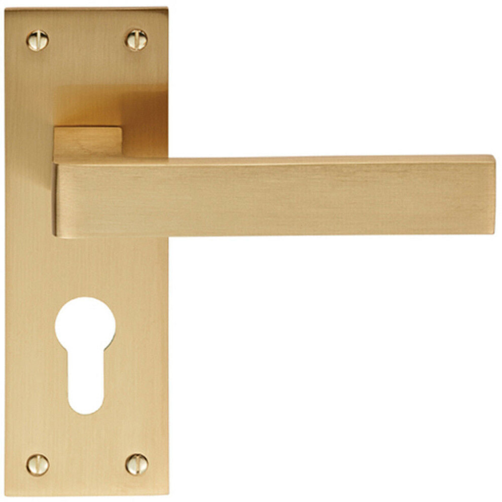 Pair Straight Square Handle On Euro Lock Backplate 150 X 50Mm Satin Brass 5056492583519