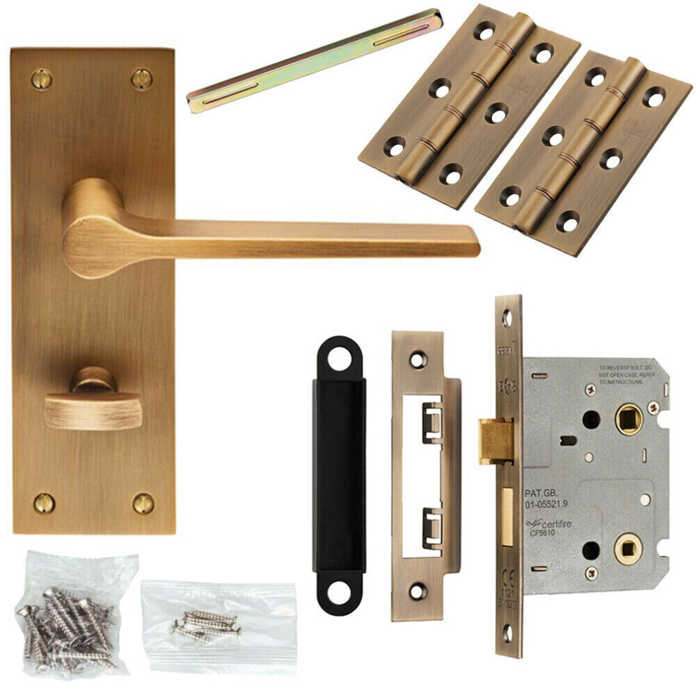 Door Handle & Bathroom Lock Pack Antique Brass Flat Lever Thumb Turn Backplate