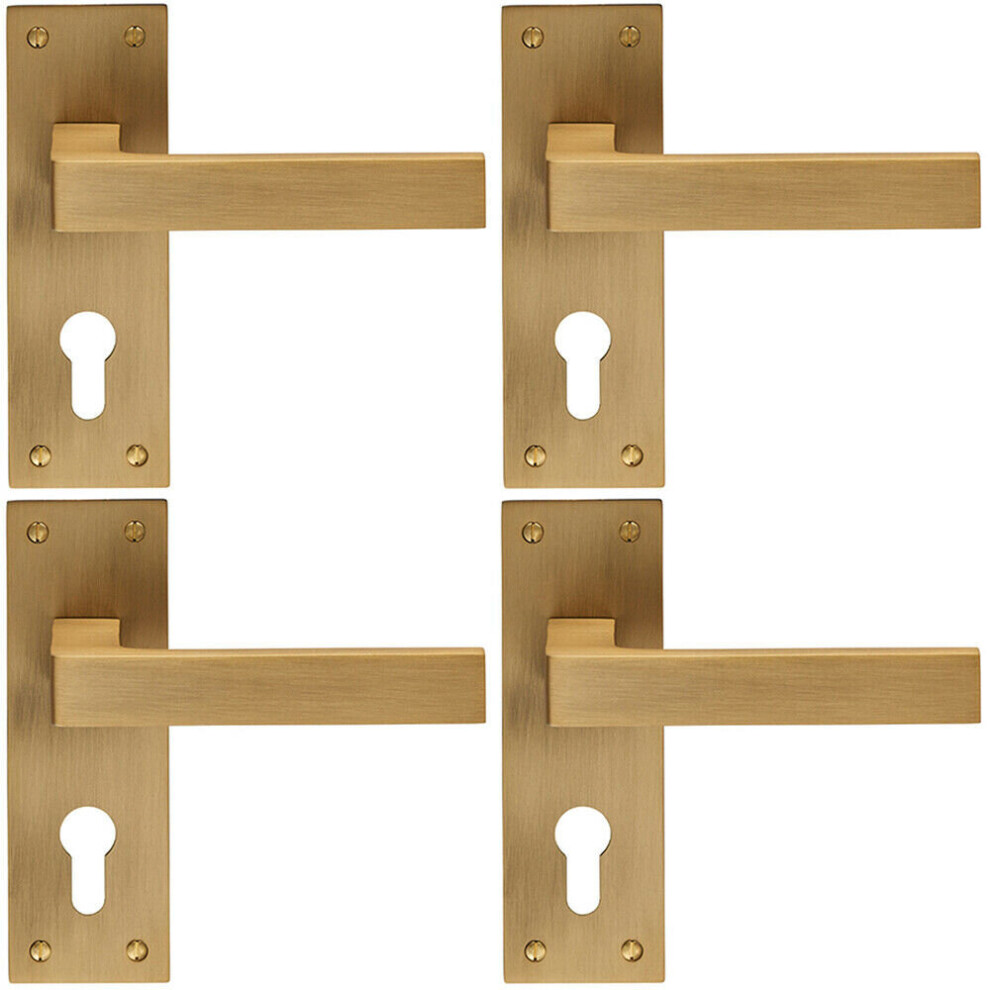 4X Pair Straight Square Handle On Euro Lock Backplate 150 X 50Mm Antique Brass 5056524212004