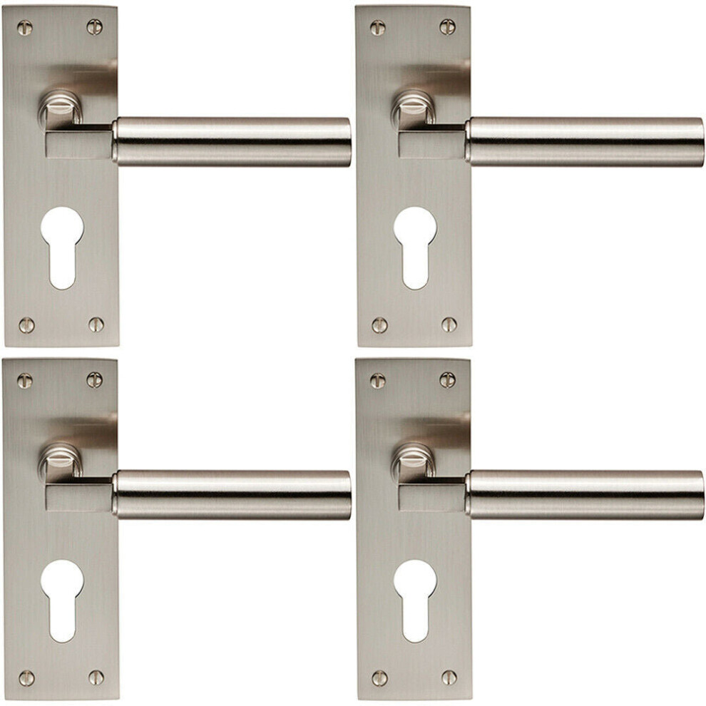 4x PAIR Round Bar Handle on Slim Euro Lock Backplate 150 x 50mm Satin Nickel