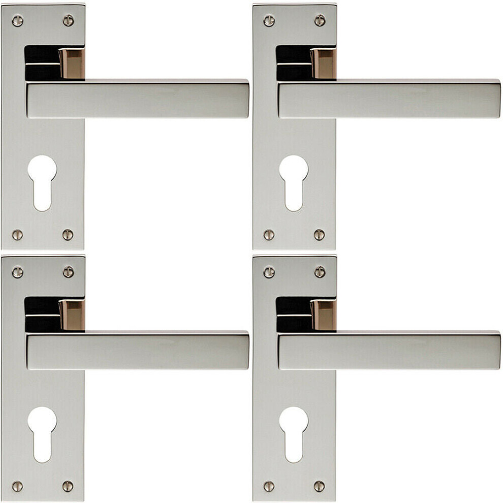 4X Pair Straight Square Lever On Euro Lock Backplate 150 X 50Mm Polished Nickel 5056524212035