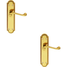 2x PAIR Reeded Scroll Lever on Shaped Latch Backplate 205 x 49mm Polished Brass