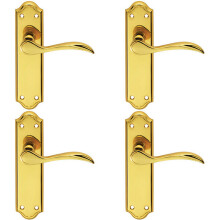 4x PAIR Curved Door Handle Lever on Latch Backplate 180 x 45mm Polished Brass