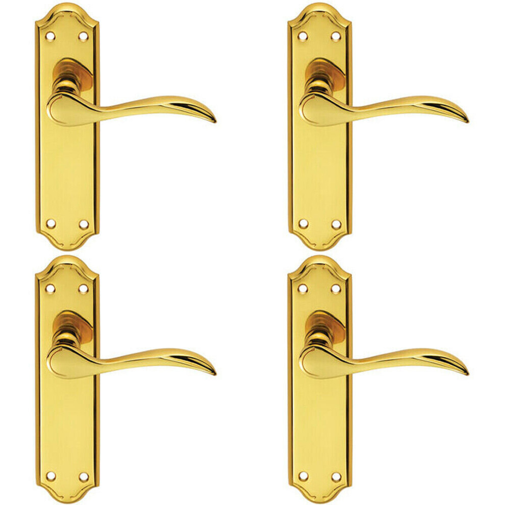 4x PAIR Curved Door Handle Lever on Latch Backplate 180 x 45mm Polished Brass