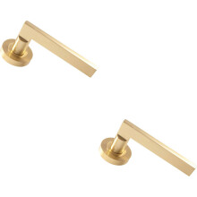 2x PAIR Straight Plinth Mounted Handle on Round Rose Concealed Fix Satin Brass