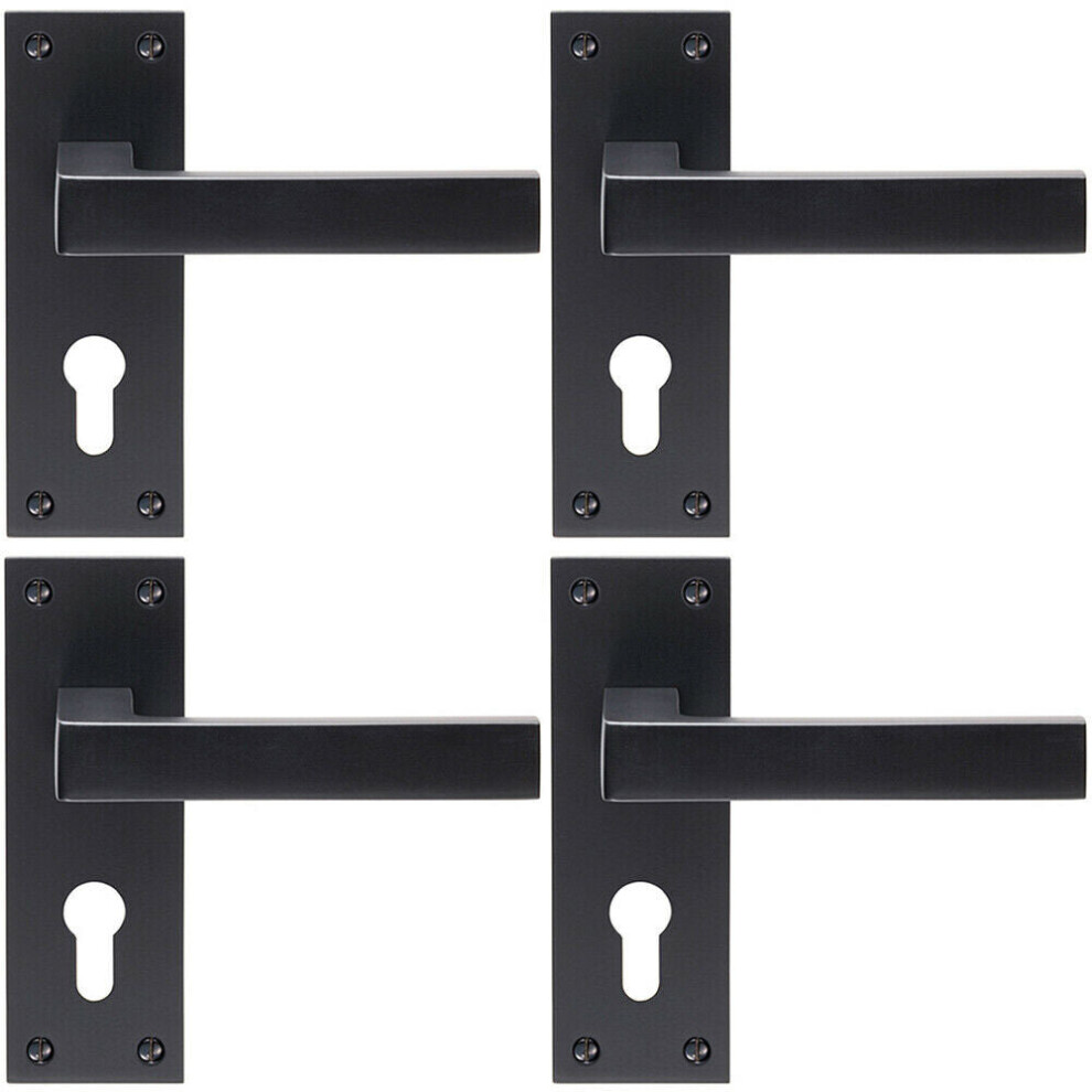 4x PAIR Straight Square Handle on Euro Lock Backplate 150 x 50mm Matt Black