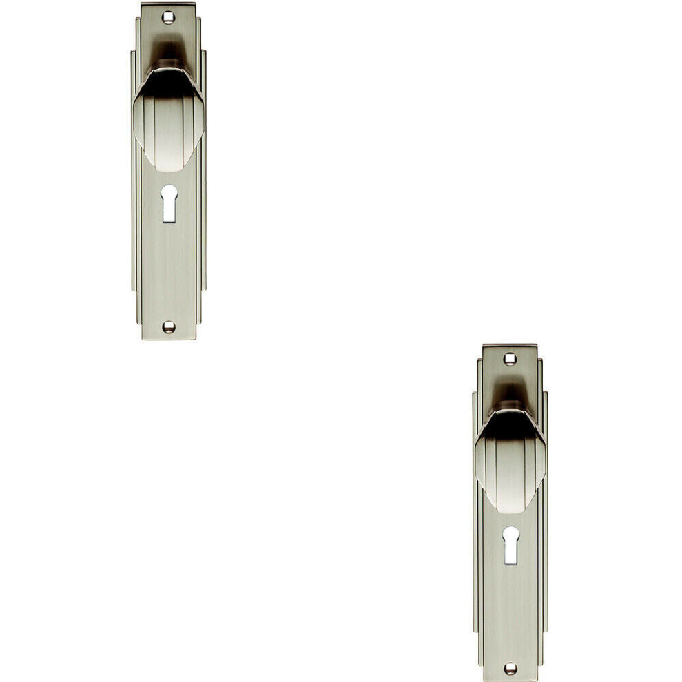 2x PAIR Line Detailed Door Knob on Lock Backplate 205 x 45mm Satin Nickel