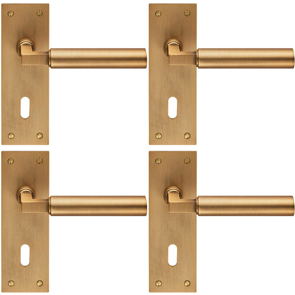 4x PAIR Round Bar Handle on Slim Lock Backplate 150 x 50mm Antique Brass