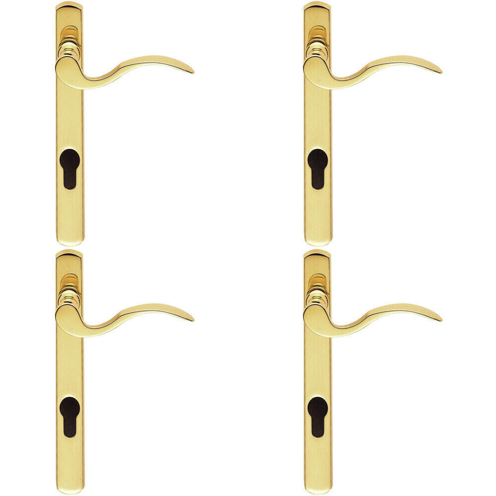 4x Scroll Lever Door Handle on Lock Backplate Polished Brass 208mm X 25mm