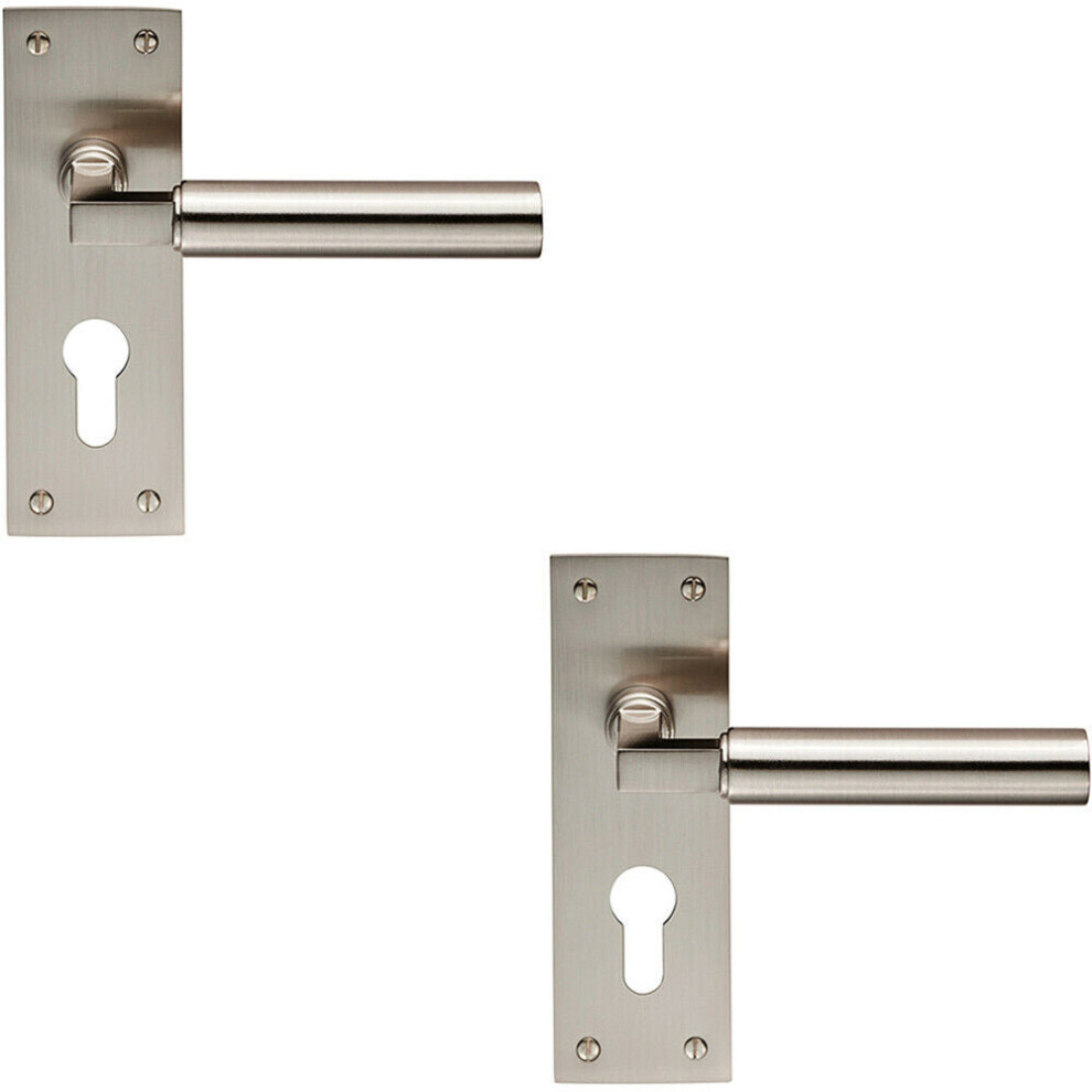 2X Pair Round Bar Handle On Slim Euro Lock Backplate 150 X 50Mm Satin Nickel 5056492599626