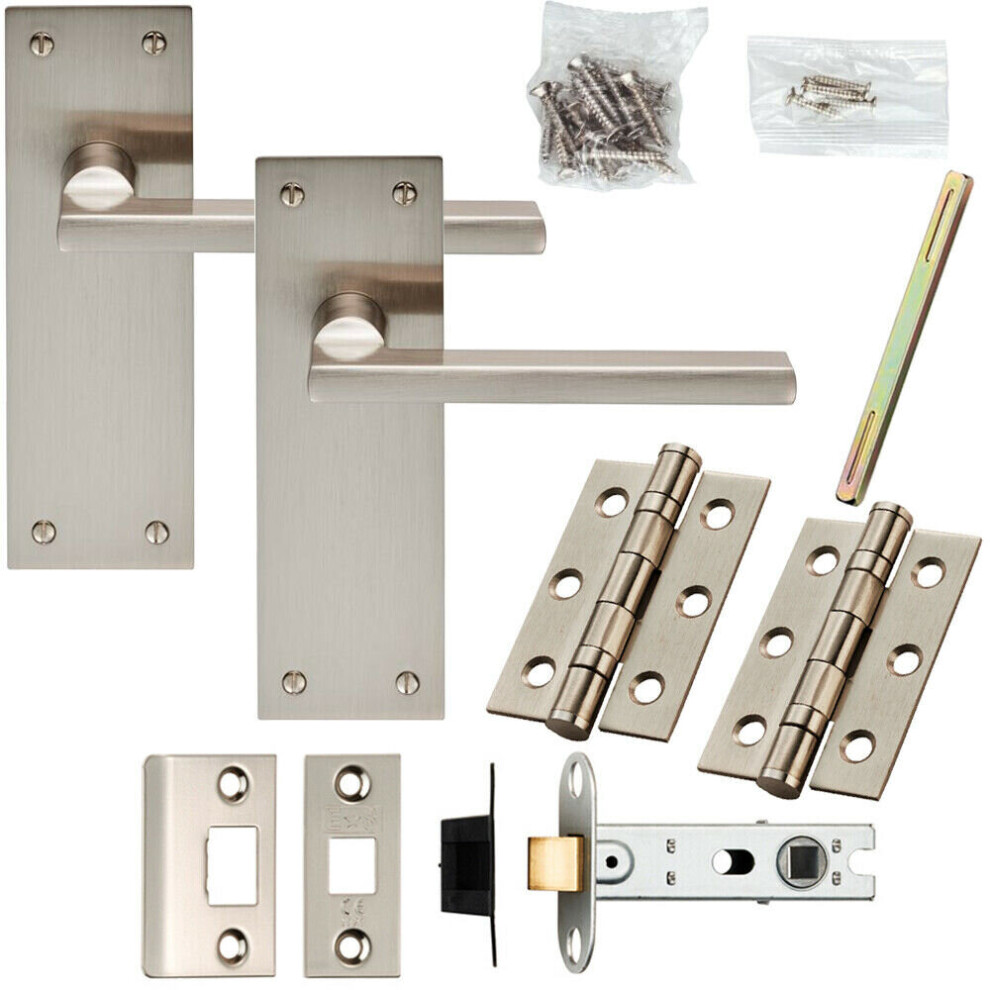 Door Handle & Latch Pack Satin Nickel Low Profile Flat Lever Slim Backplate
