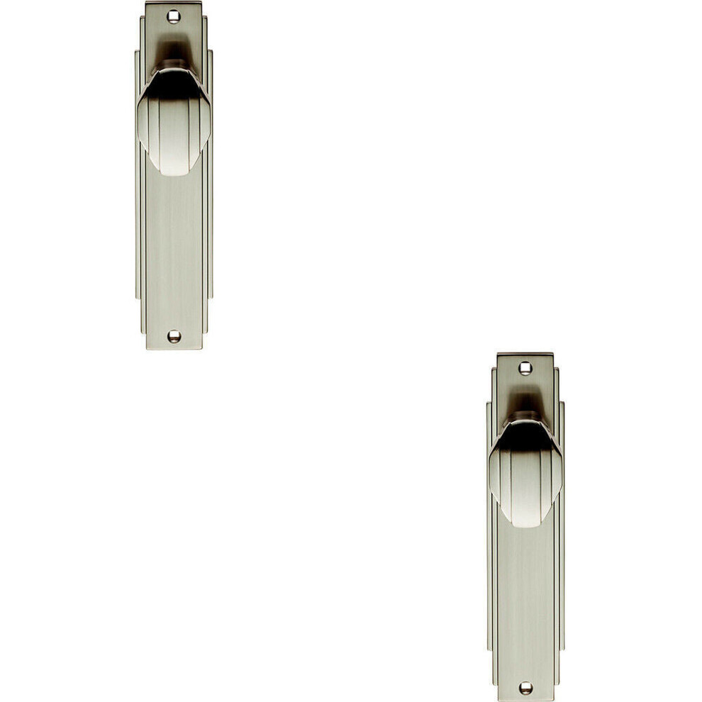 2x PAIR Line Detailed Door Knob on Latch Backplate 205 x 45mm Satin Nickel