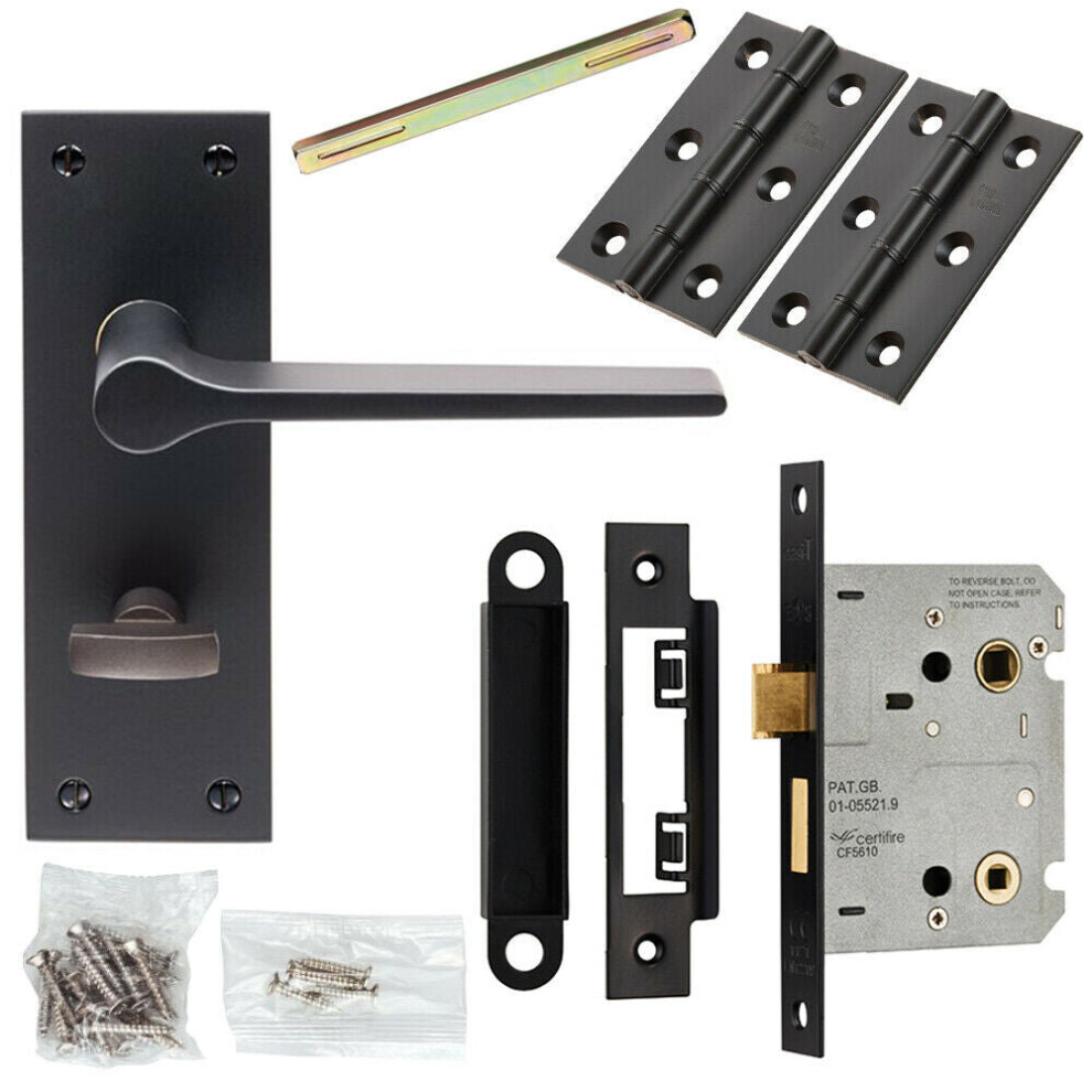 Door Handle & Bathroom Lock Pack Matt Black Flat Lever Thumb Turn Backplate