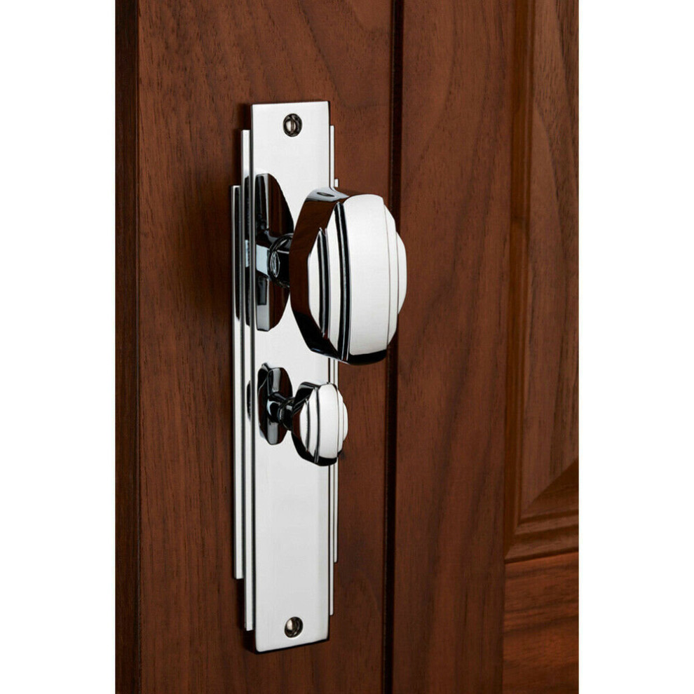 PAIR Line Detailed Door Knob on Bathroom Backplate 205 x 45mm Polished Chrome