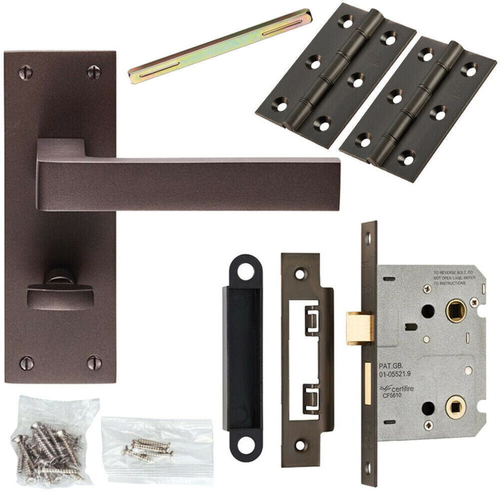 Door Handle & Bathroom Lock Pack Matt Bronze Square Lever Thumb Turn Backplate