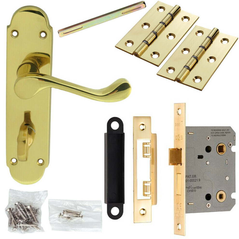 Door Handle & Bathroom Lock Pack Brass Victorian Upturn Thumb Turn Backplate 5056524215425