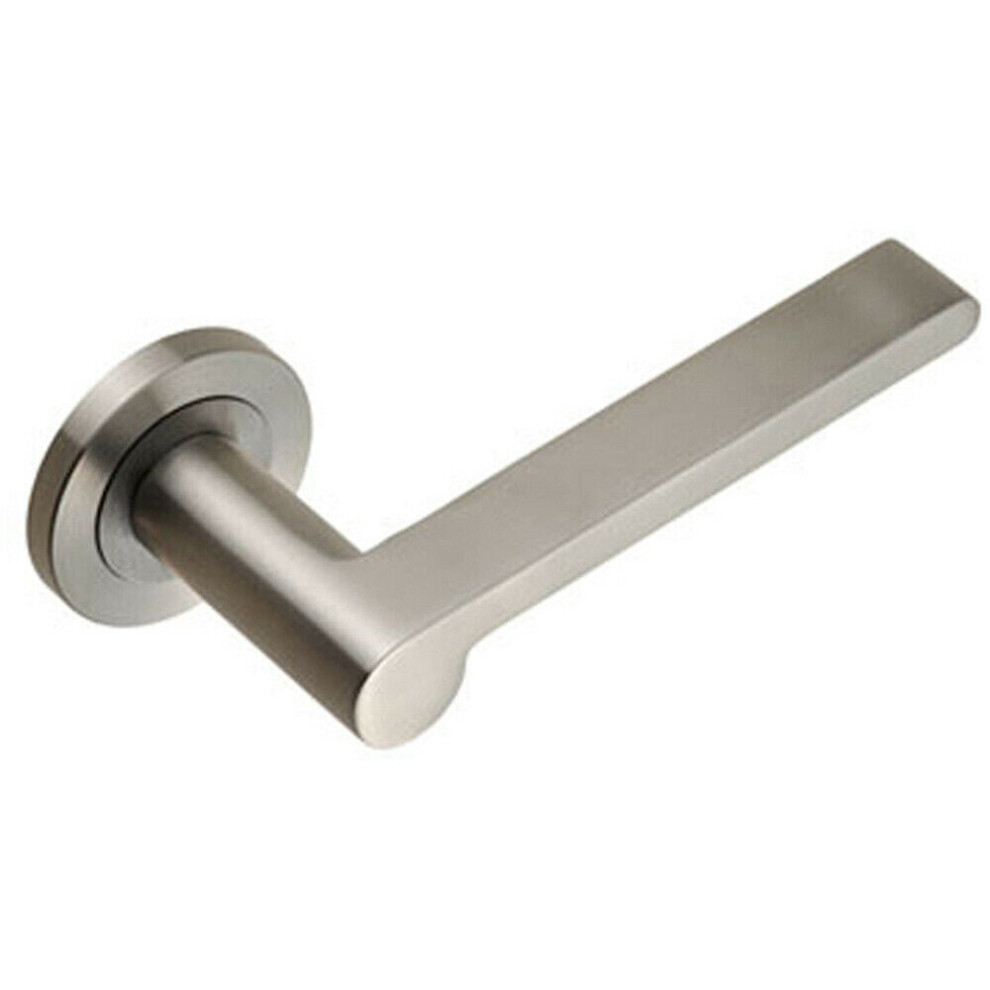 PAIR Flat Bar Lever with Rounded End on Round Rose Concealed Fix Satin Steel