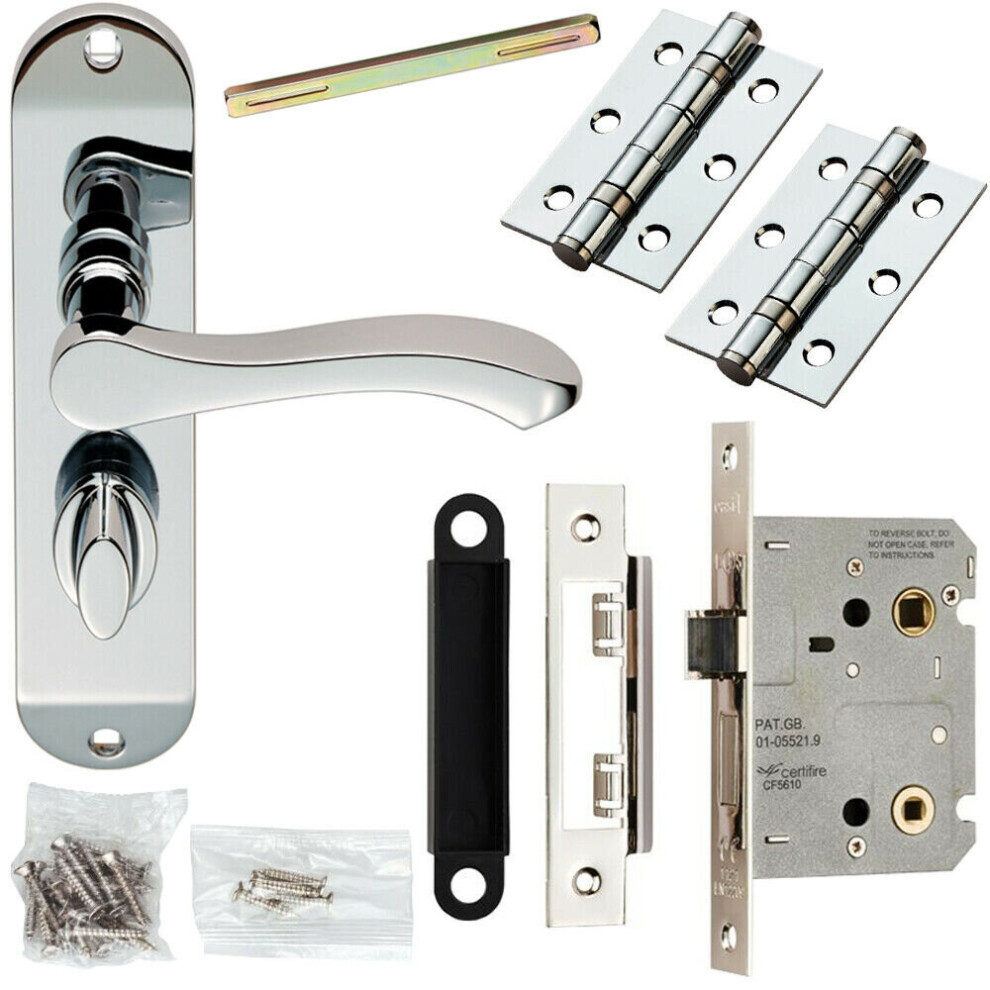 Door Handle & Bathroom Lock Pack Chrome Scroll Thumb Turn Round Slim Backplate