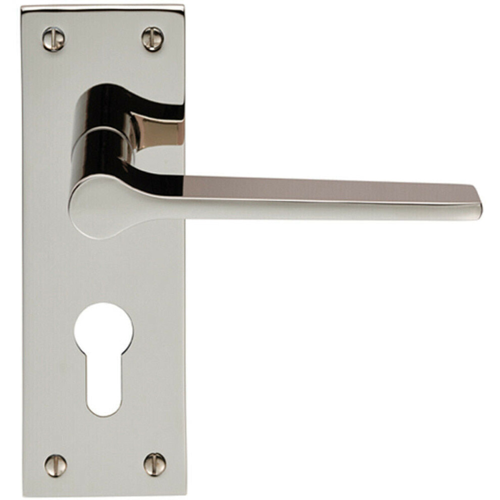 PAIR Flat Straight Lever on Slim Euro Lock Backplate 150 x 50mm Polished Nickel