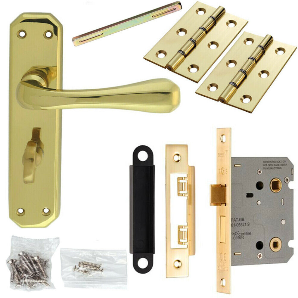 Door Handle & Bathroom Lock Pack Brass Smooth Flared Bar Thumb Turn Backplate