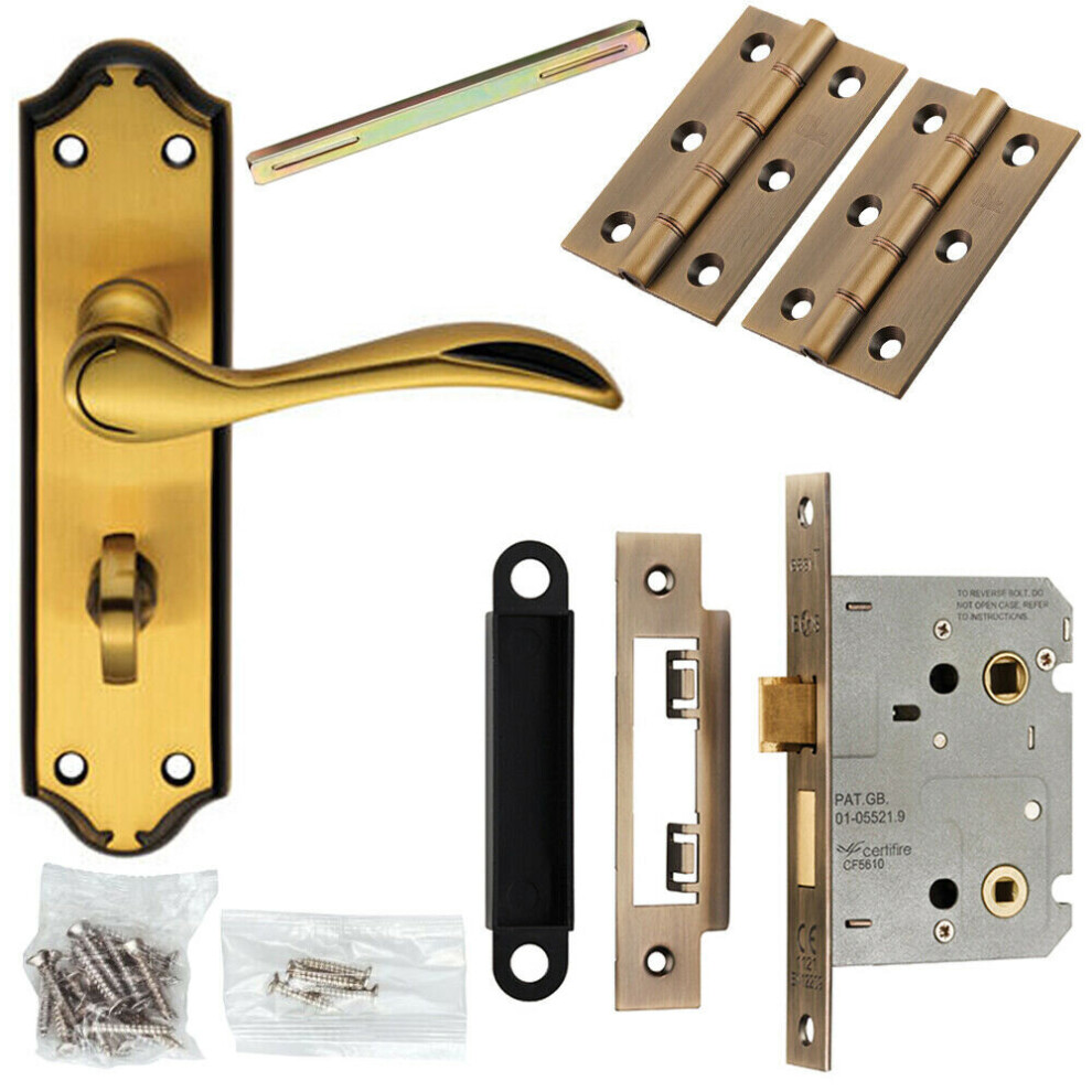 Loops Door Handle & Bathroom Lock Pack Bronze Curved Lever Thumb Turn Backplate
