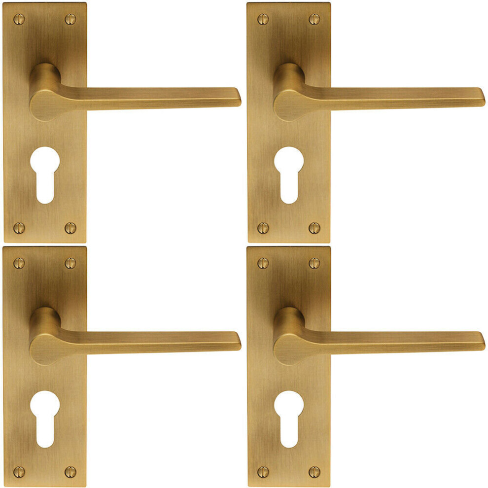 4x PAIR Flat Straight Lever on Slim Euro Lock Backplate 150 x 50mm Antique Brass