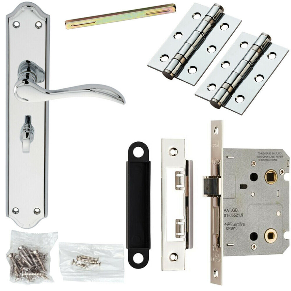 Door Handle & Bathroom Lock Pack Chrome Tall Victorian Thumb Turn Backplate