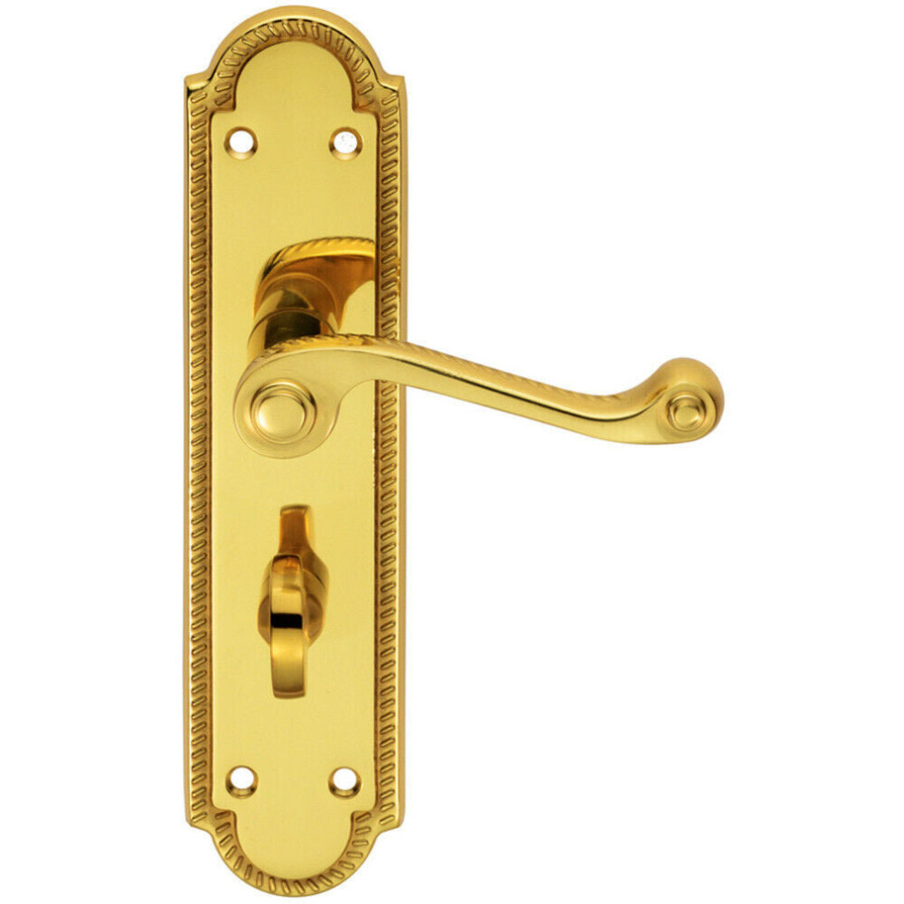 PAIR Reeded Scroll Lever on Shaped Bathroom Backplate 205 x 49mm Polished Brass