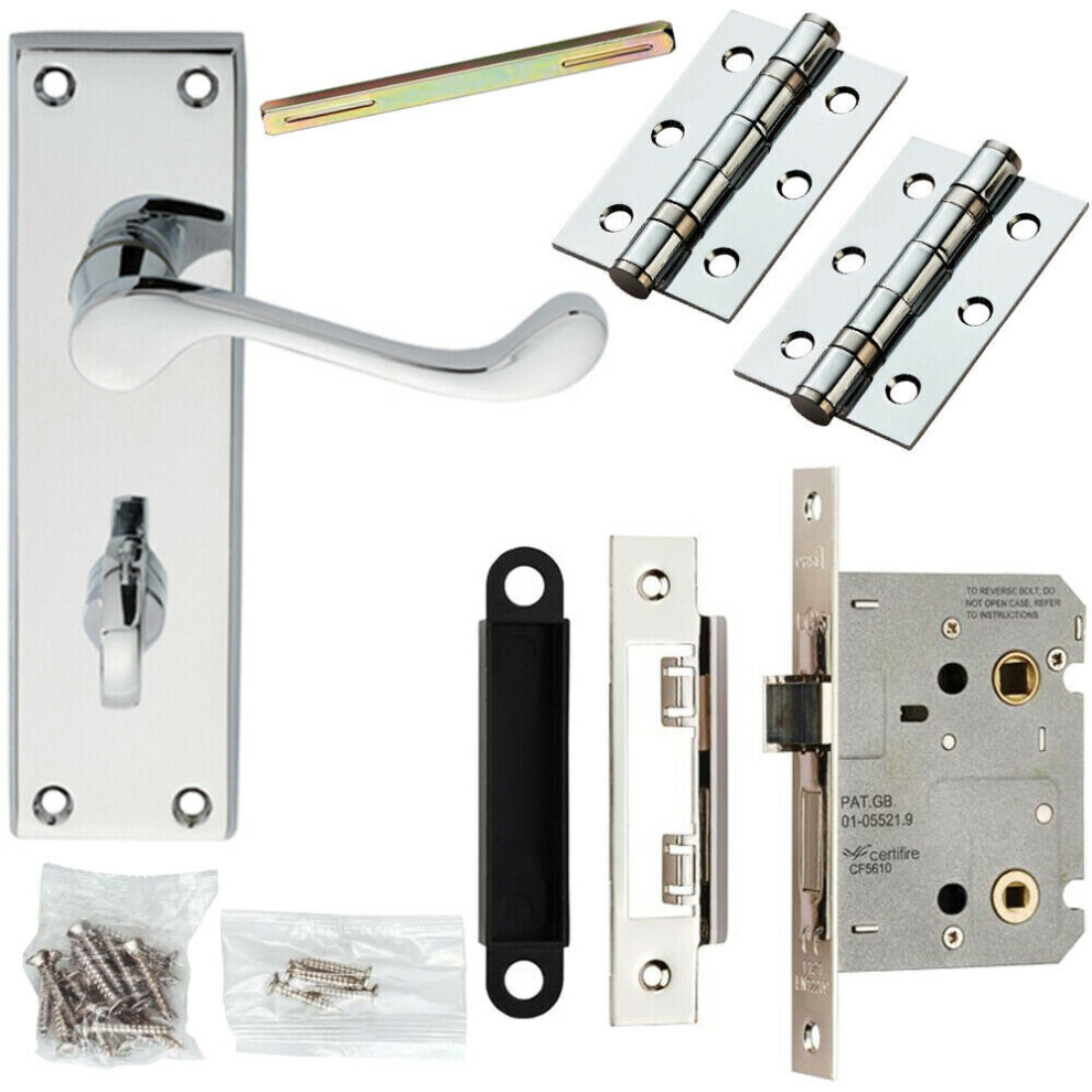 Loops Door Handle & Bathroom Lock Pack Chrome Victorian Scroll 150 X 43Mm Backplate