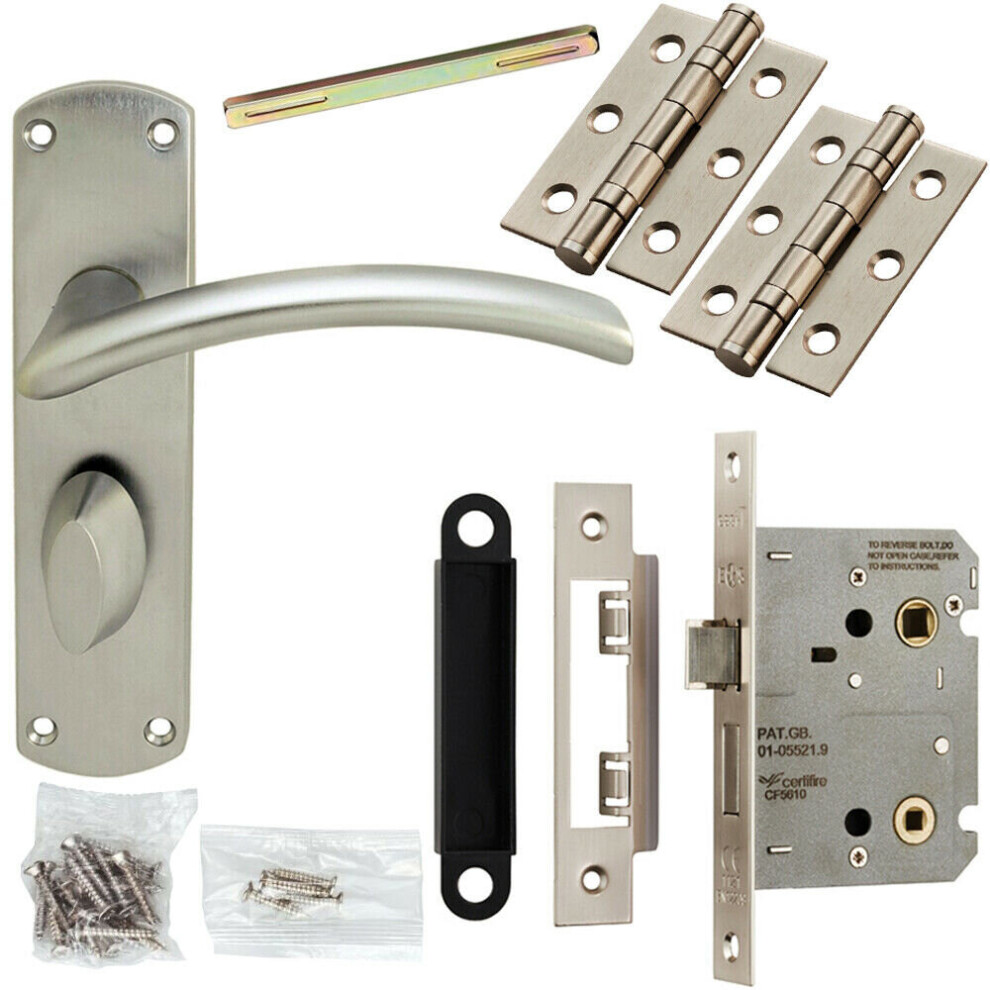 Door Handle & Bathroom Lock Pack Satin Chrome Arched Lever Thumb Turn Backplate