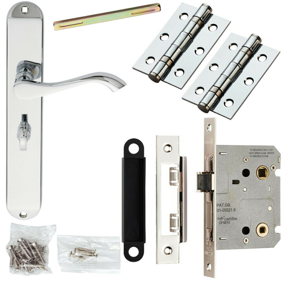 Door Handle & Bathroom Lock Pack Chrome Slim Curved Arm Thumb Turn Backplate