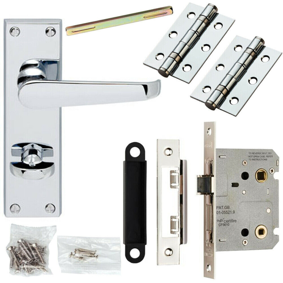 Door Handle & Bathroom Lock Pack Chrome Victorian Flat Thumb Turn Backplate