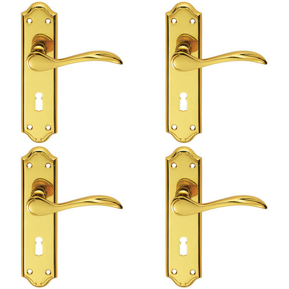 Loops 4X Pair Curved Door Handle Lever On Lock Backplate 180 X 45Mm Polished Brass