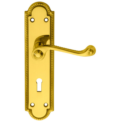 Loops PAIR Reeded Scroll Handle on Shaped Lock Backplate 205 x 49mm Polished Brass