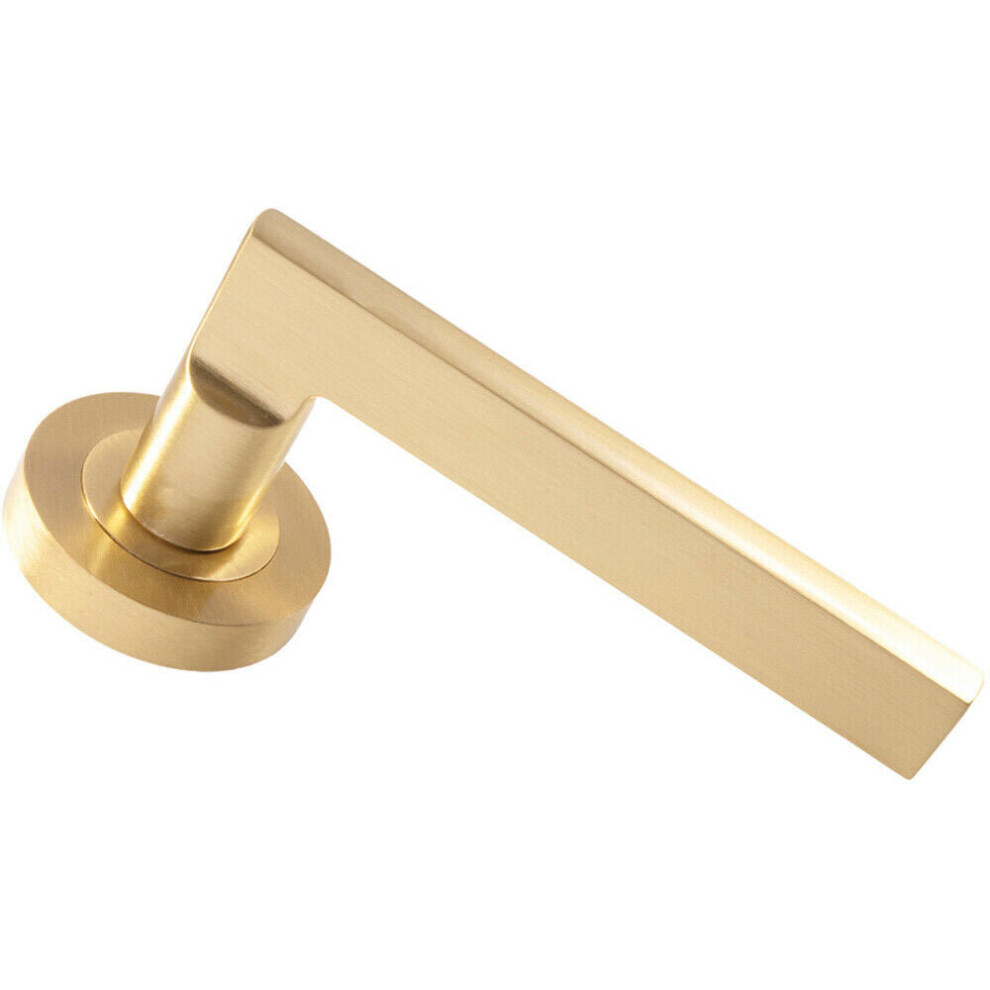 Pair Straight Plinth Mounted Handle On Round Rose Concealed Fix Satin Brass 5056492582185