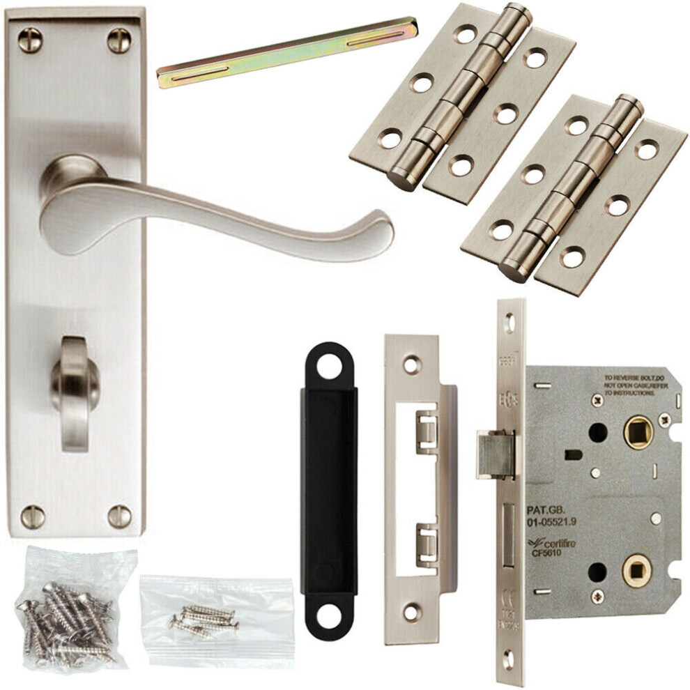 Loops Door Handle & Bathroom Lock Pack Satin Chrome Victorian Scroll Lever Backplate