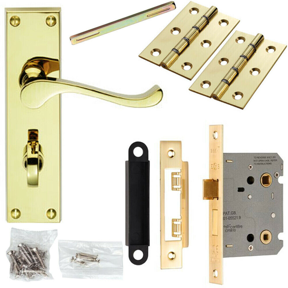 Door Handle & Bathroom Lock Pack Brass Victorian Scroll Thumb Turn Backplate