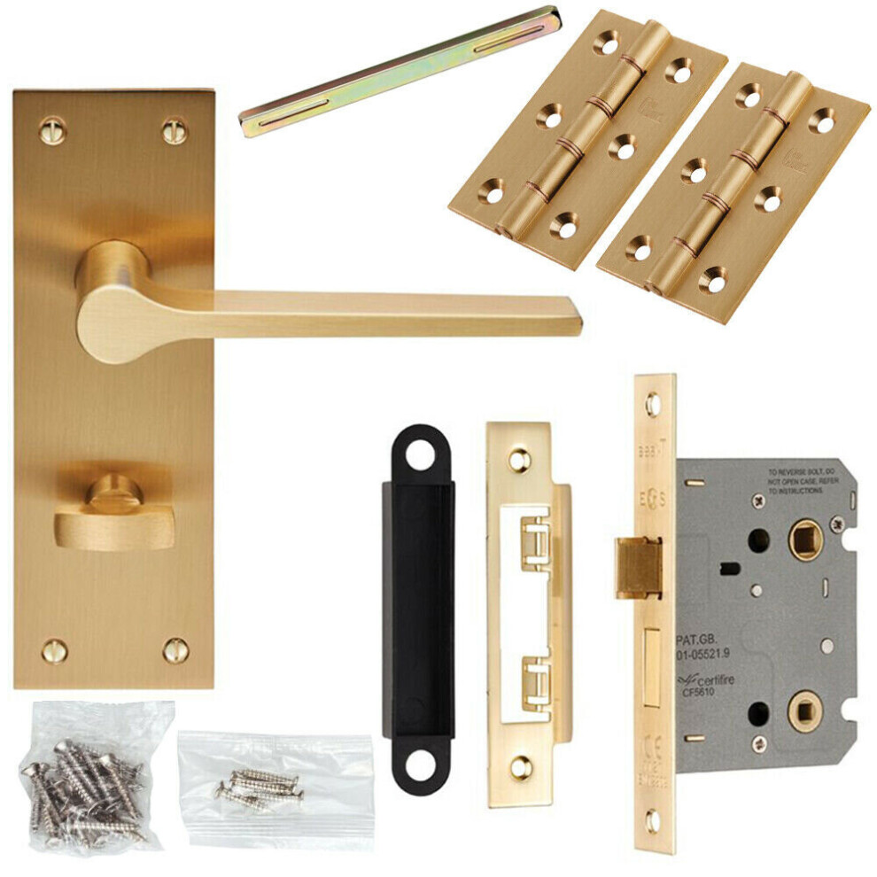 Door Handle & Bathroom Lock Pack Satin Brass Flat Lever Thumb Turn Backplate