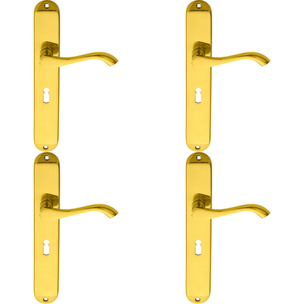 4x PAIR Curved Handle On Long Slim Lock Backplate 241 X 40mm Polished Brass