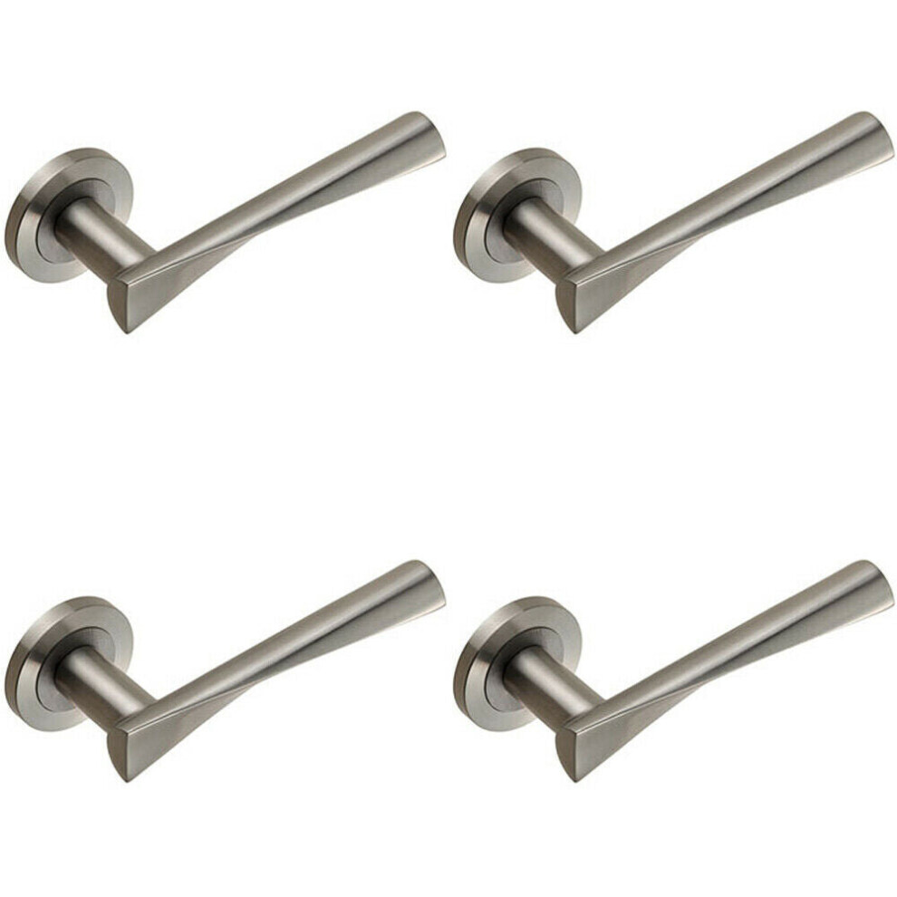 4X Pair Angular Twisted Lever On Round Rose Concealed Fix Satin Stainless Steel 5056524210192