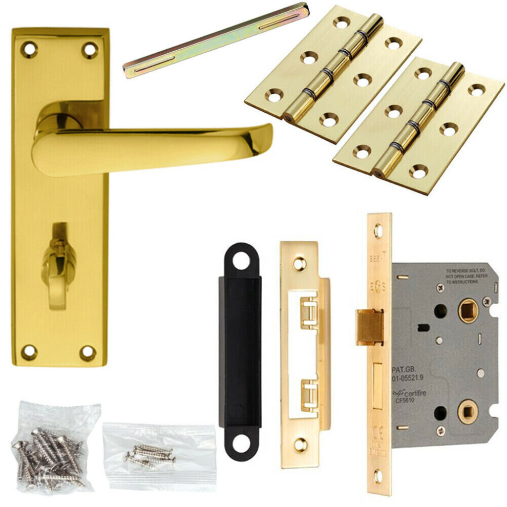 Door Handle & Bathroom Lock Pack Brass Victorian Straight Thumbturn Backplate