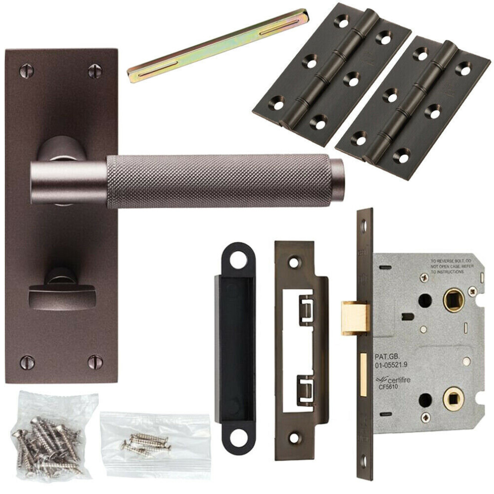 Door Handle & Bathroom Lock Pack Matt Bronze Knurled Bar Thumb Turn Backplate