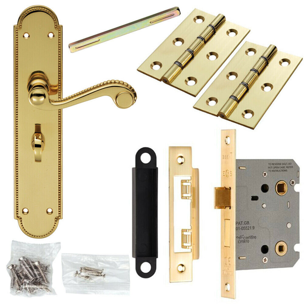 Loops Door Handle & Bathroom Lock Pack Brass Victorian Scroll Lever Turn Backplate